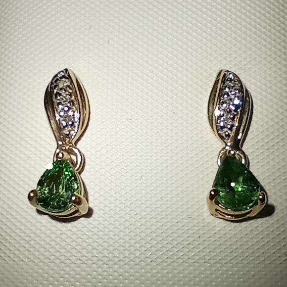 14Kt Yellow Gold Tsavorite & Diamond-Accented Drop Post Earrings - Picture 2 of 4